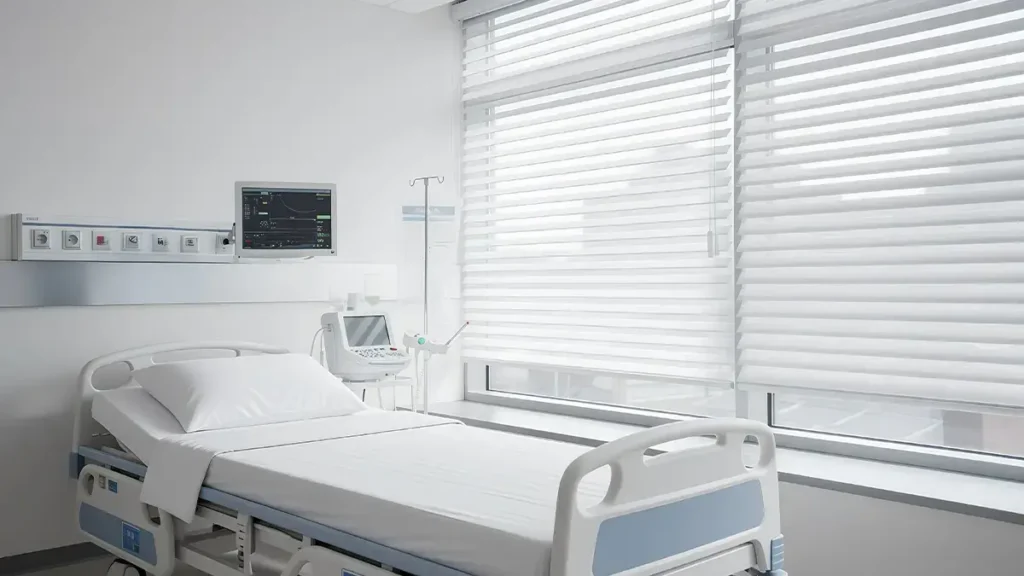 Commercial blinds installed in a hospital patient room for privacy and light control