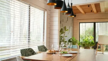 Window blinds installed in a restaurant, combining style and functionality to enhance the dining atmosphere