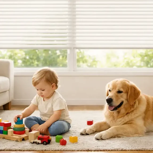 Child playing with toys and a dog in a bright room with child and pet-safe blinds