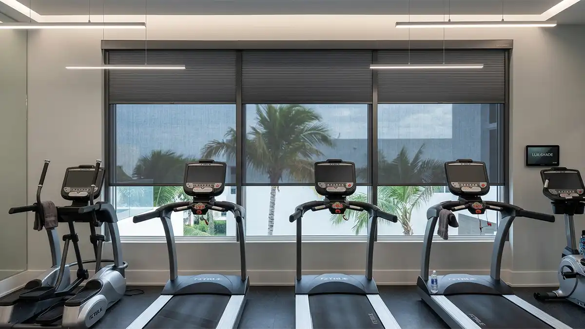 Modern gym interior with custom blinds on large windows, providing privacy, controlling light, and enhancing comfort and style