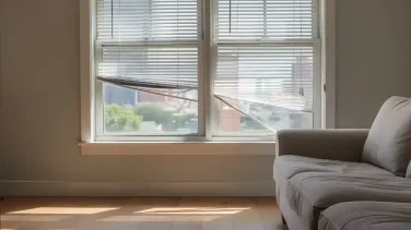Close-up of a damaged or worn-out window blinds, illustrating that it’s time to replace your blinds