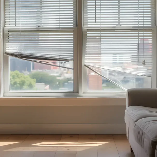 Close-up of a damaged or worn-out window blinds, illustrating that it’s time to replace your blinds