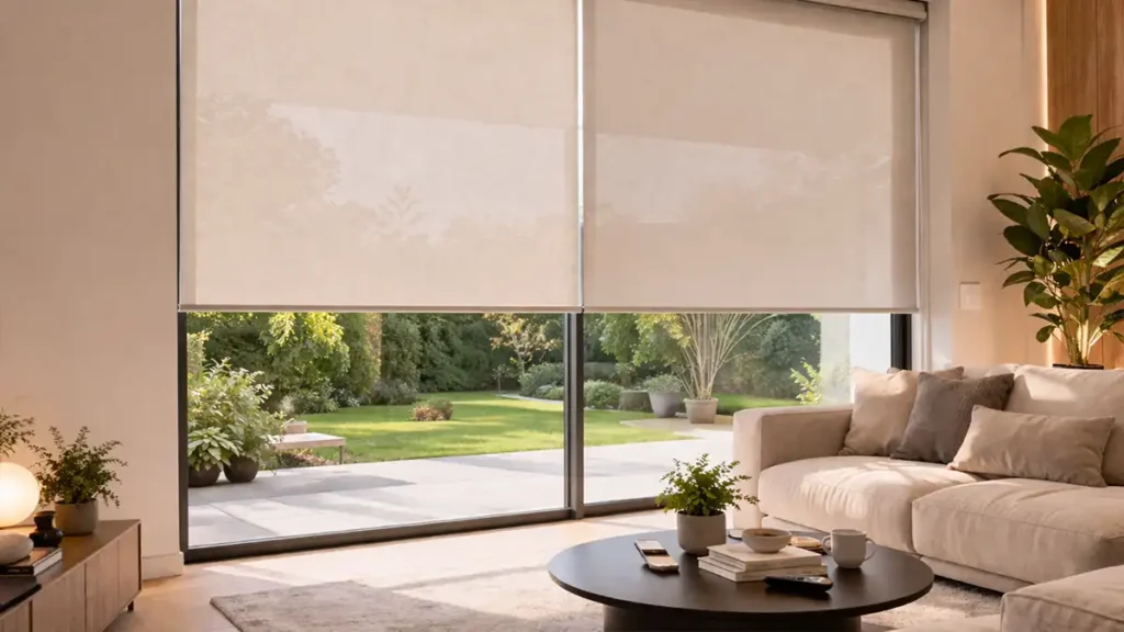 Modern living room with energy-saving blinds installed on the window to reduce heat and save energy