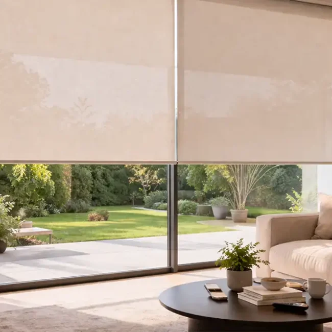 Modern living room with energy-saving blinds installed on the window to reduce heat and save energy