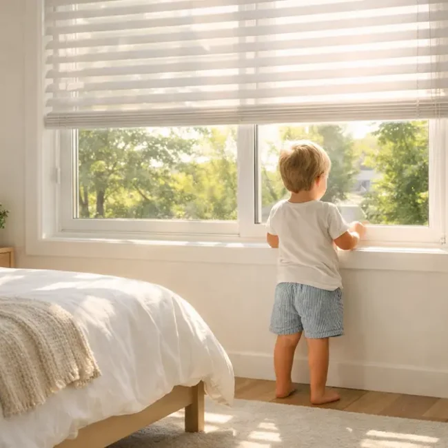 Child looking outside through a transparent window with summer blinds in a Canadian bedroom, wearing light summer clothes
