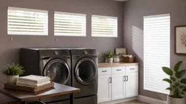 Modern basement laundry room with white blinds on small windows, demonstrating stylish and practical basement window treatments