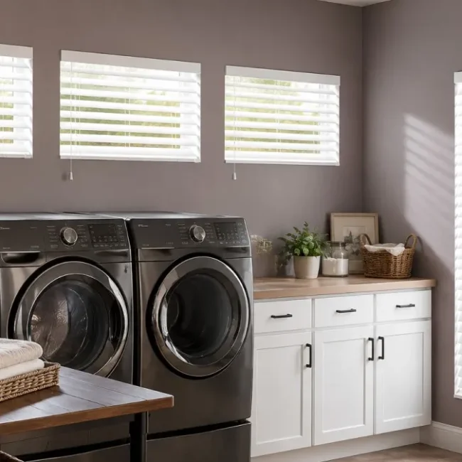 Modern basement laundry room with white blinds on small windows, demonstrating stylish and practical basement window treatments
