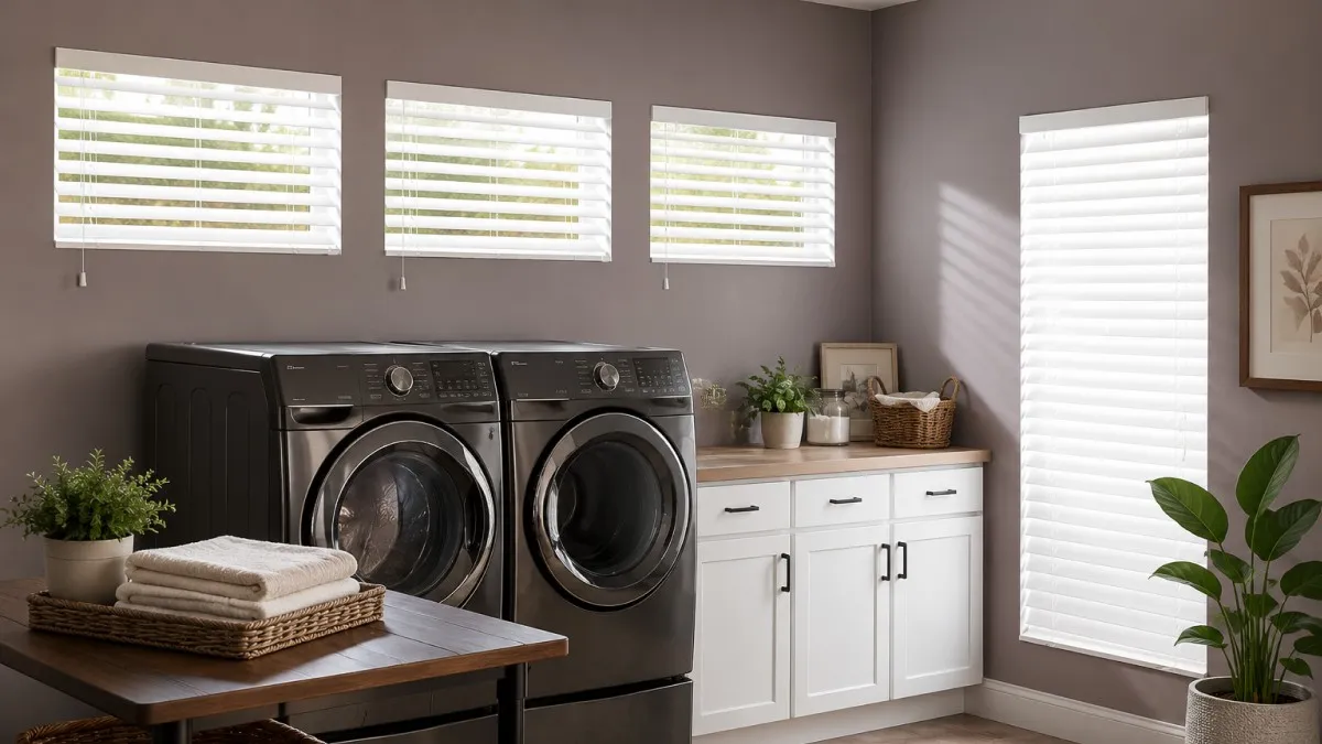 Modern basement laundry room with white blinds on small windows, demonstrating stylish and practical basement window treatments