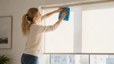 Homeowner wiping a roller blind to keep it clean and well maintained
