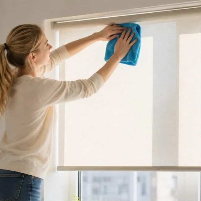 Homeowner wiping a roller blind to keep it clean and well maintained