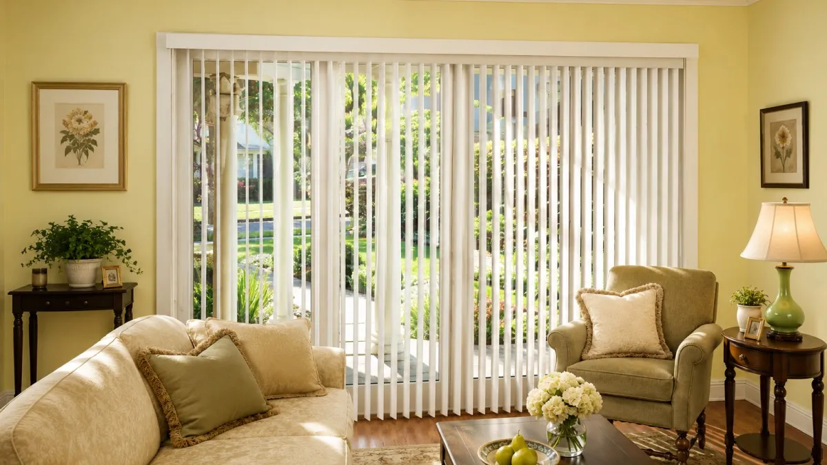 White vertical blinds covering a large living room patio door with natural light and modern home décor