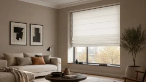 Modern living room featuring white Roman blinds, showcasing their elegant design and light-filtering functionality