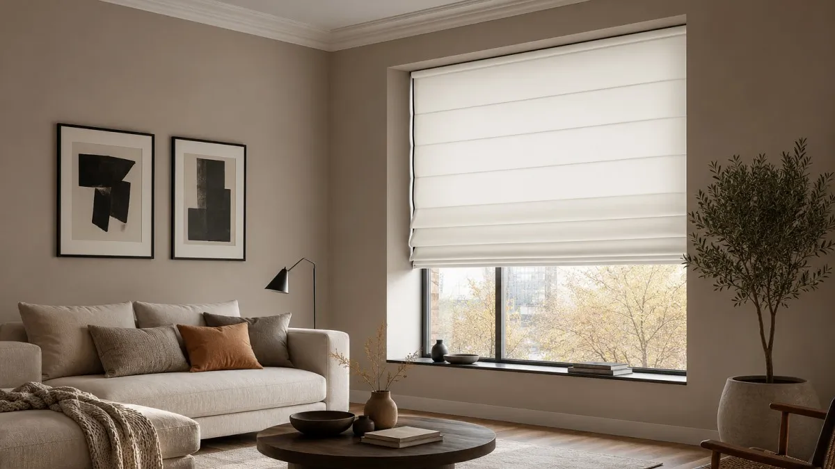 Modern living room featuring white Roman blinds, showcasing their elegant design and light-filtering functionality