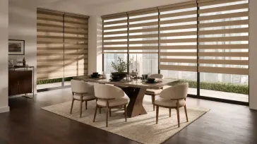Modern dining room featuring beige zebra blinds with alternating sheer and solid fabric for adjustable light control
