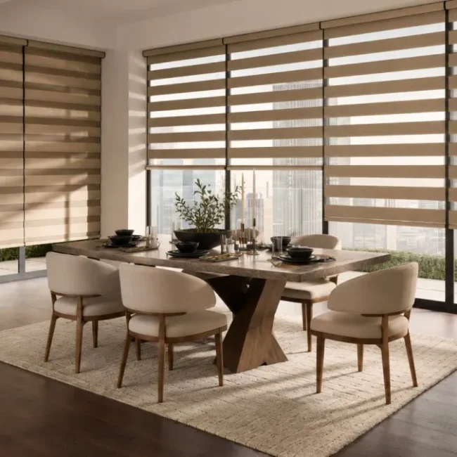 Modern dining room featuring beige zebra blinds with alternating sheer and solid fabric for adjustable light control