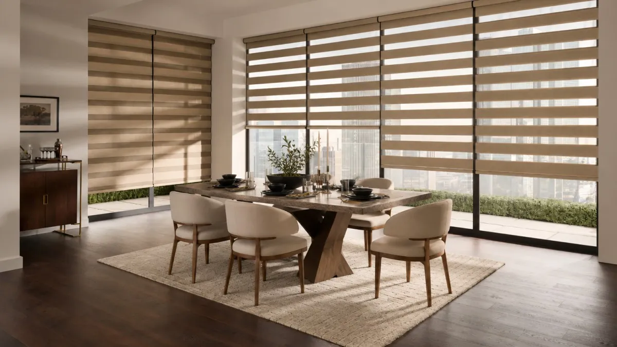 Modern dining room featuring beige zebra blinds with alternating sheer and solid fabric for adjustable light control