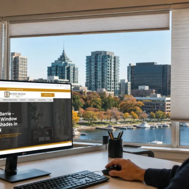 Business owner researching a custom blinds company in Barrie, Ontario, on a computer, with a waterfront city view and window blinds visible through large office windows