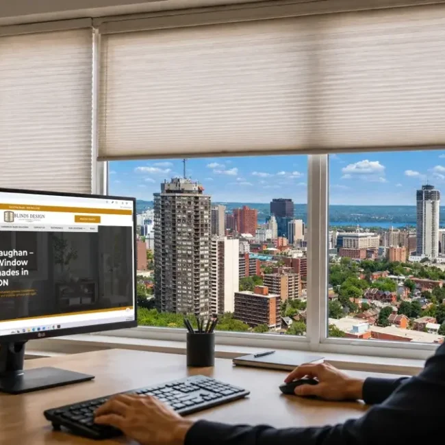 Business owner researching a custom blinds company in Vaughan, Ontario, on a computer, with a city view and window blinds visible through large office windows