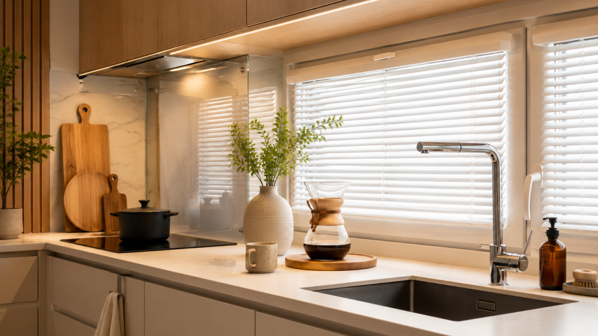 Modern kitchen with white horizontal blinds showcasing stylish kitchen window treatments for improved privacy, natural light, and contemporary design