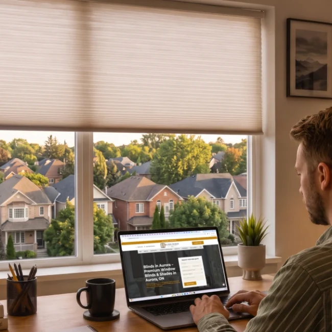 A homeowner researching a custom blinds company in Aurora, Ontario, on a laptop, with a residential view through large windows fitted with stylish blinds