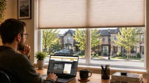 Homeowner researching a custom blinds company in Innisfil, Ontario, on a laptop, with a residential view through large windows fitted with stylish blinds