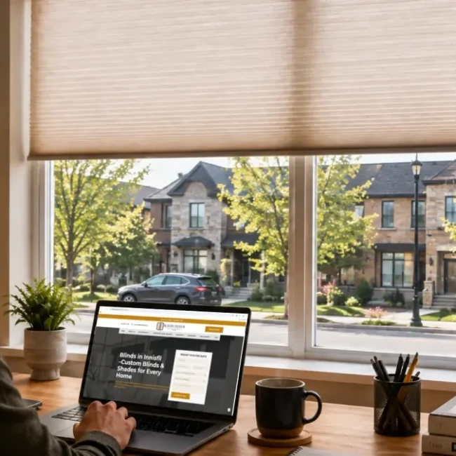 Homeowner researching a custom blinds company in Innisfil, Ontario, with a house visible through large windows fitted with blinds