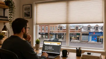 Homeowner researching a custom blinds company in King City, Ontario, on a laptop, with window blinds and a downtown street view visible through large windows