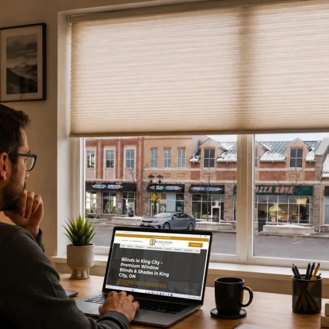 Homeowner researching a custom blinds company in King City, Ontario, on a laptop, with window blinds and a downtown street view visible through large windows