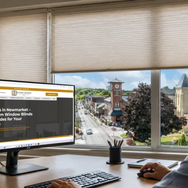 Business owner researching a custom blinds company in Newmarket, Ontario, on a computer, with a city view and window blinds visible through large office windows