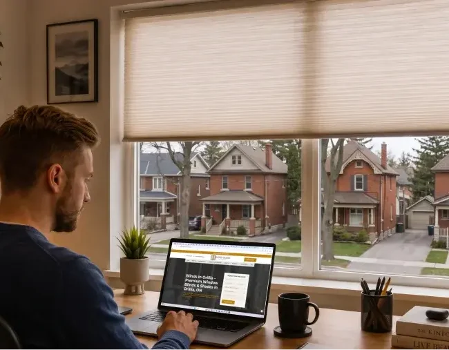 A homeowner researching a custom blinds company in Orillia, Ontario, on a laptop, with a residential view through large windows fitted with stylish blinds