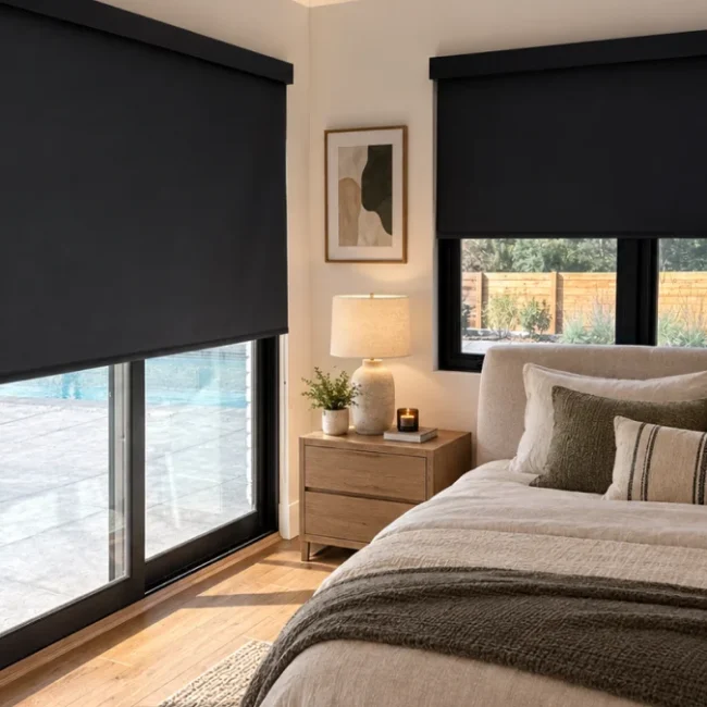 Blackout blinds covering large windows in a modern Canadian bedroom, providing privacy and light control