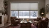 Cozy living room with window blinds and a snowy Canadian winter landscape visible through the window