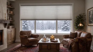 Cozy living room with window blinds and a snowy Canadian winter landscape visible through the window