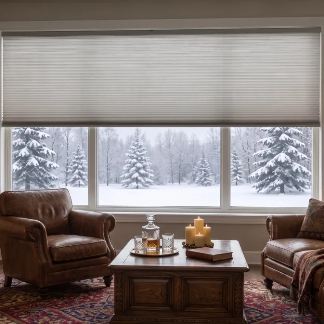 Cozy living room with window blinds and a snowy Canadian winter landscape visible through the window